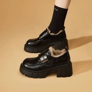 厚底粗高跟加绒乐福鞋女2025新款冬季小个子保暖棉鞋英伦风小皮鞋