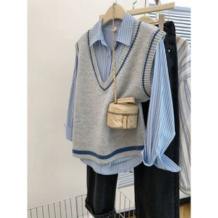 灰色领韩系针织马甲背心女春秋秋冬坎肩毛衣叠穿衬衫单件上衣