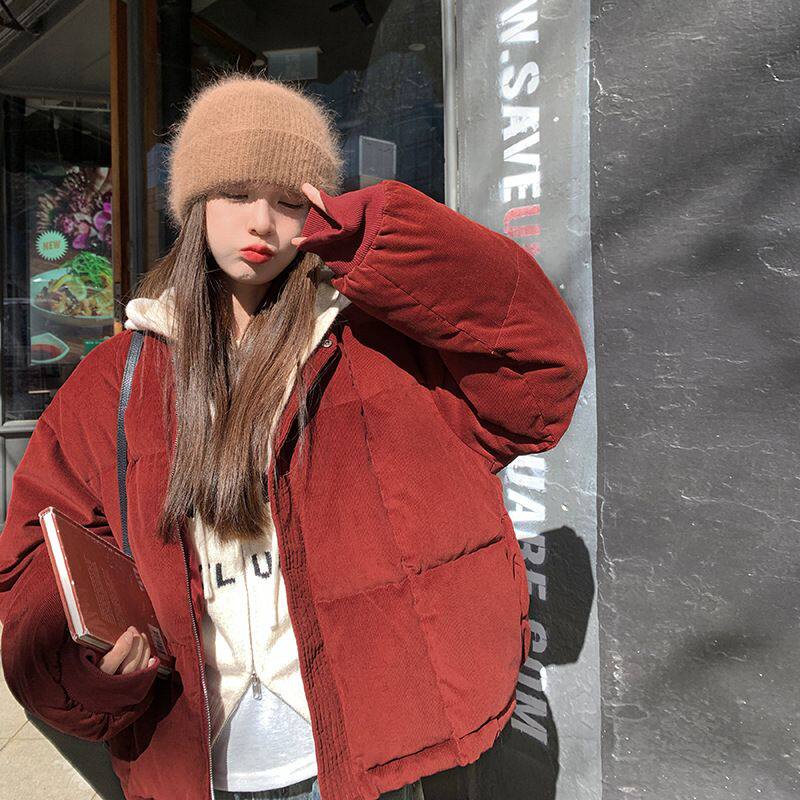 实拍红色灯芯绒羽绒服女小个子短款新款韩版90白鸭绒冬季外套