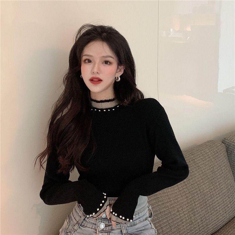 半高领黑色长袖毛衣女内搭针织衫秋冬珍珠打底上衣修身显瘦优雅风