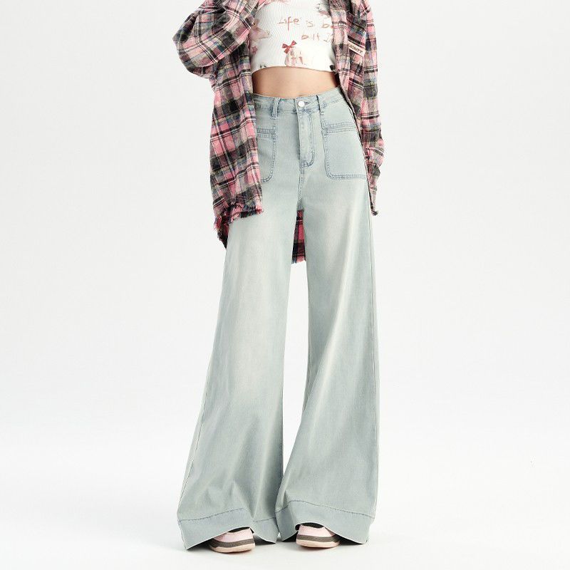 浅蓝色高腰直筒牛仔裤女秋冬新款时尚百搭休闲宽松显瘦阔腿裤