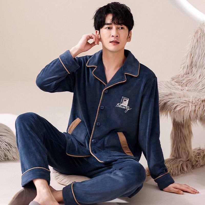 睡衣男秋冬款海岛绒加绒保暖长袖珊瑚绒家居服薄款大码套装