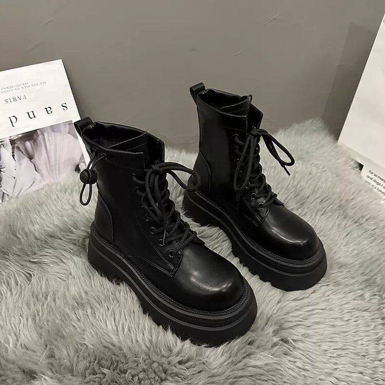 加绒内增高马丁靴女新款秋冬黑色英伦风小个子短靴厚底靴子