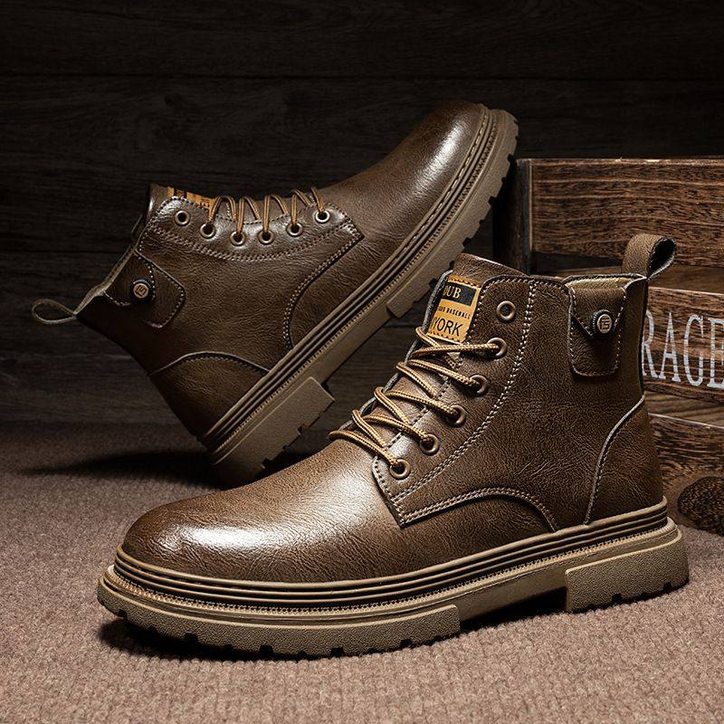 新款男鞋中高帮复古男靴增高厚底机车美式工装鞋休闲百搭马丁靴