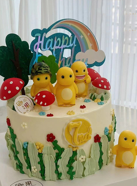 网红儿童生日森系胖胖黄色小恐龙奶龙蘑菇苹果树蛋糕装饰摆件插件