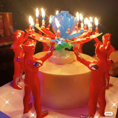 旋转蜡烛莲花灯超人蛋糕摆件男孩