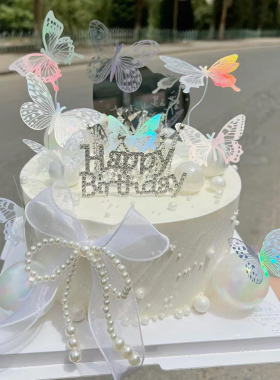 唯美女神生日蛋糕装饰女款镂空银色白色黑色PVC蝴蝶插件配件装扮