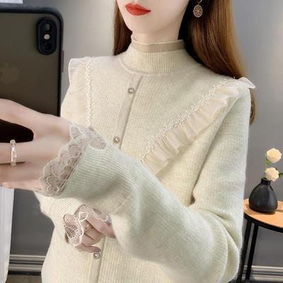 半高领蕾丝一体绒毛衣女秋冬新款加厚加绒内搭韩版洋气针织打底衫