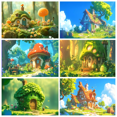 美宠展猷鱼缸背景高清梦幻仙境蘑菇力系列动漫鱼缸水族背景贴纸