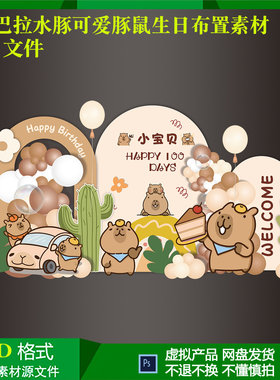 可爱卡皮巴拉水豚鼠宝宝满月百日周岁生日派对背景设计素材ps文件