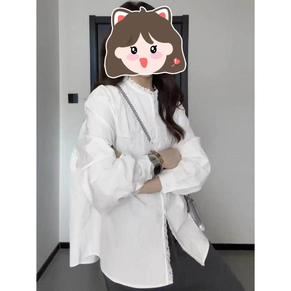 秋季设计感蕾丝拼接系扣花边长袖衬衫显瘦叠穿打底女装25102145