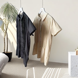 宽松复古文艺衬衫 棉麻夏季 25071341 衬衫 日系压褶风琴娃娃领短袖