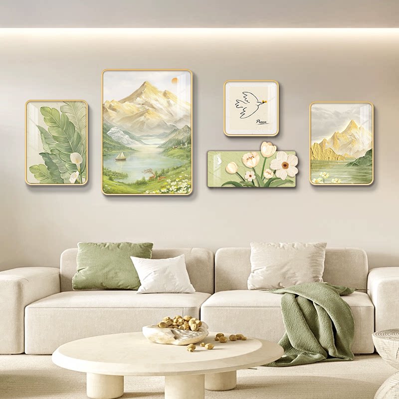 清新奶油风客厅装饰画沙发背景墙挂画现代简约日照金山组合墙壁画