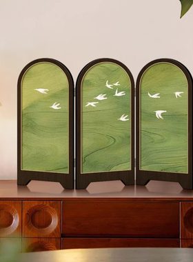中古风桌面屏风摆件绿色飞燕客厅装饰画法式复古餐厅玄关边柜摆画