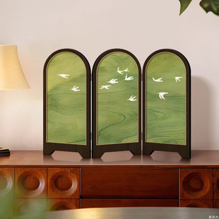 中古风桌面屏风摆件绿色飞燕客厅装饰画法式复古餐厅玄关边柜摆画