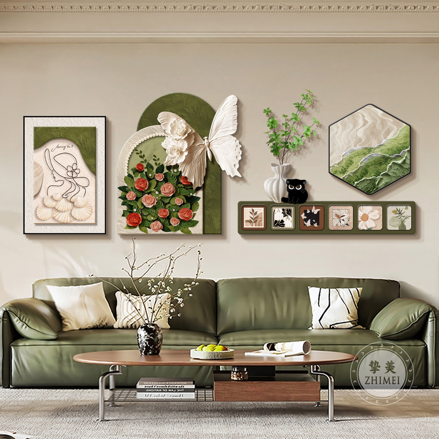 法式奶油风客厅装饰画新款组合餐厅壁画中古风沙发背景墙挂画蝴蝶