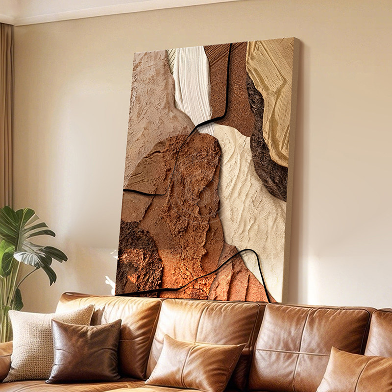 侘寂中古风客厅装饰画落地大沙发背景墙入户玄关肌理复古壁画挂画