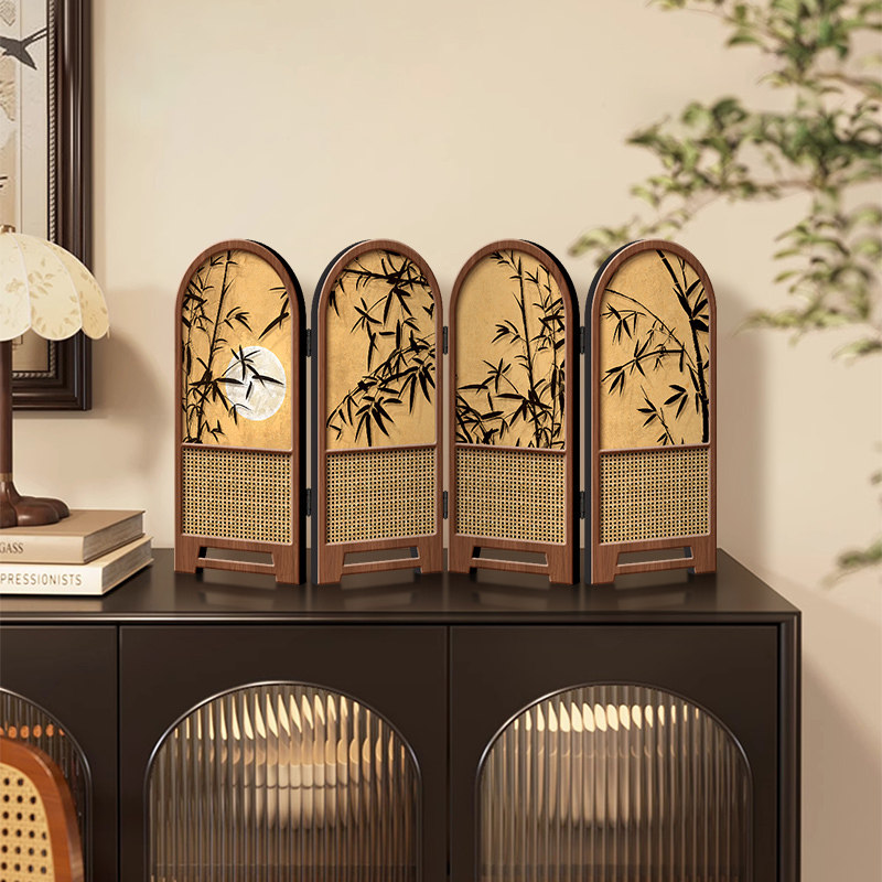 小屏风摆件中古风竹子新款桌面摆台画折叠折屏高级感电视柜装饰画