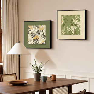 中古风绿色花卉餐厅饭厅装饰画氛围感过道走廊壁画玄关柜客厅挂画