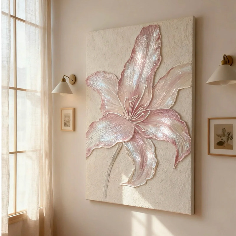 奶油风珠光百合客厅装饰画肌理感小众艺术植物花卉壁画餐厅桌挂画