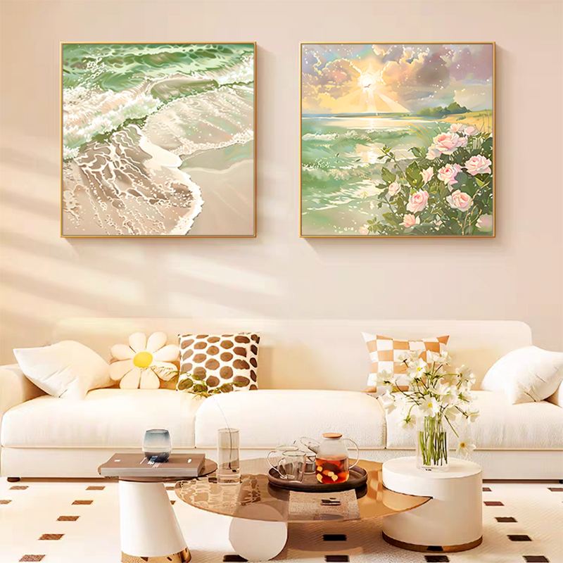 高级感北欧治愈系餐厅装饰画暖阳花海风景客厅墙壁画民宿酒店挂画图片