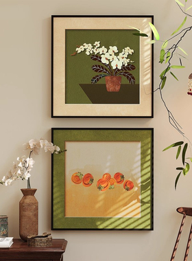 柿柿如意玄关柜装饰画中古风兰花餐厅挂画绿色高级感客厅墙上壁画