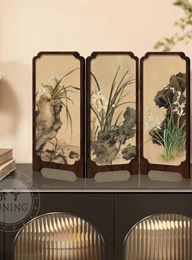 中古风墨竹小屏风桌面摆件新中式办公室茶桌玄关柜装饰品复古摆画