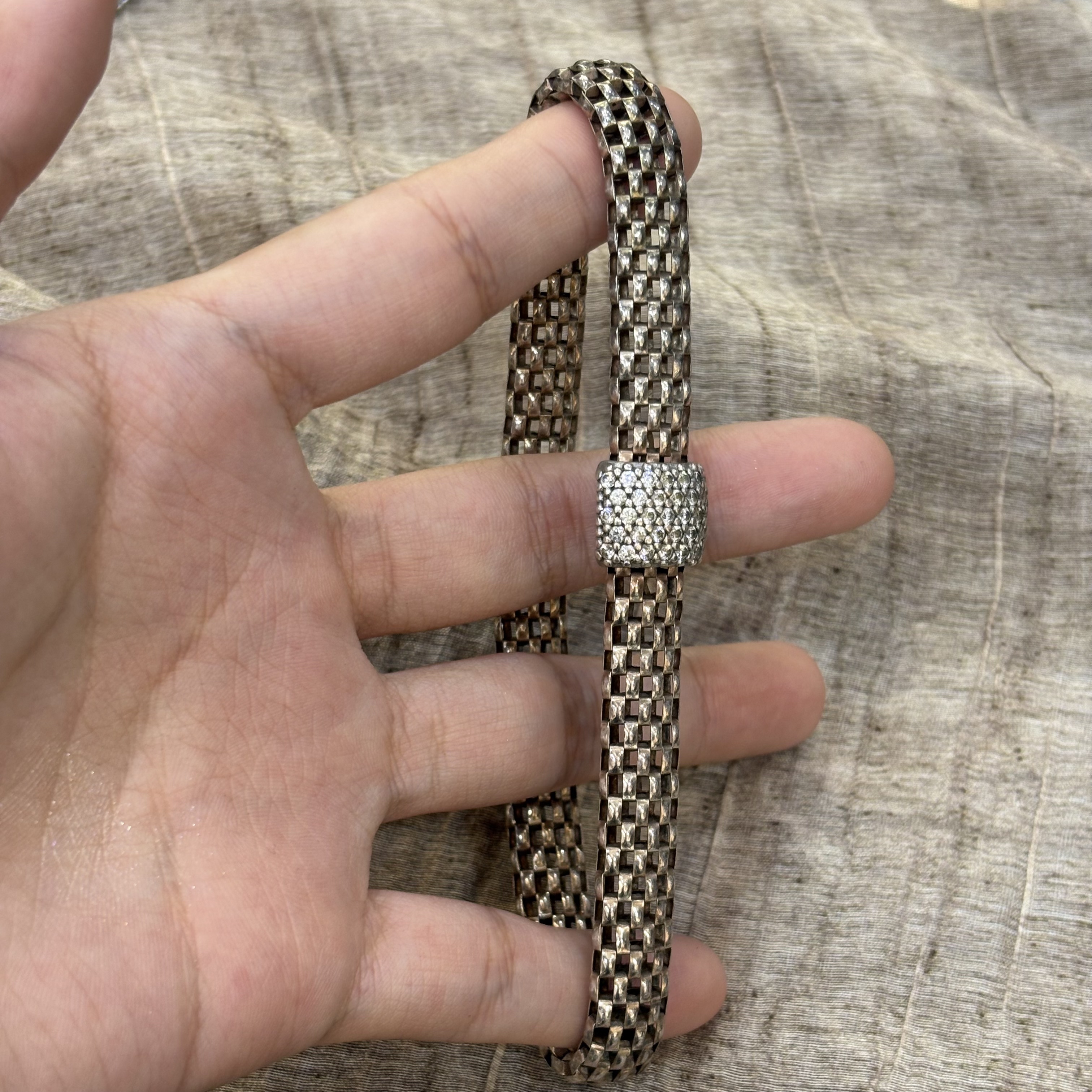 中古默认微瑕不退换 立体双面镂空锆石银脚链 周长26.5cm 意大利