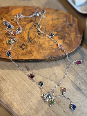 中古默认微瑕不退不换  莱茵石超长银项链 意大利