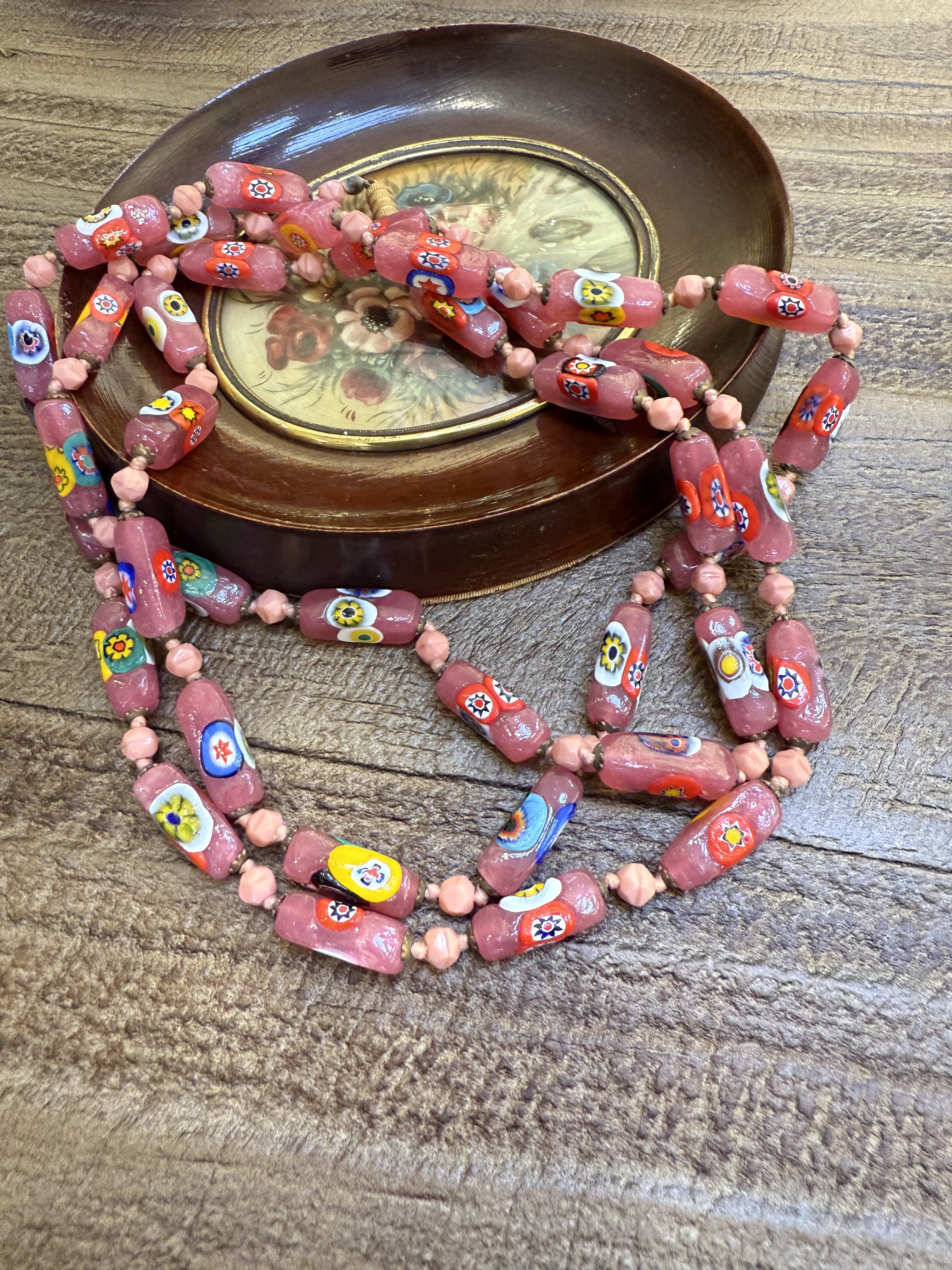 中古默认微瑕不退不换 粉色千花琉璃超长项链 绕三圈意大利