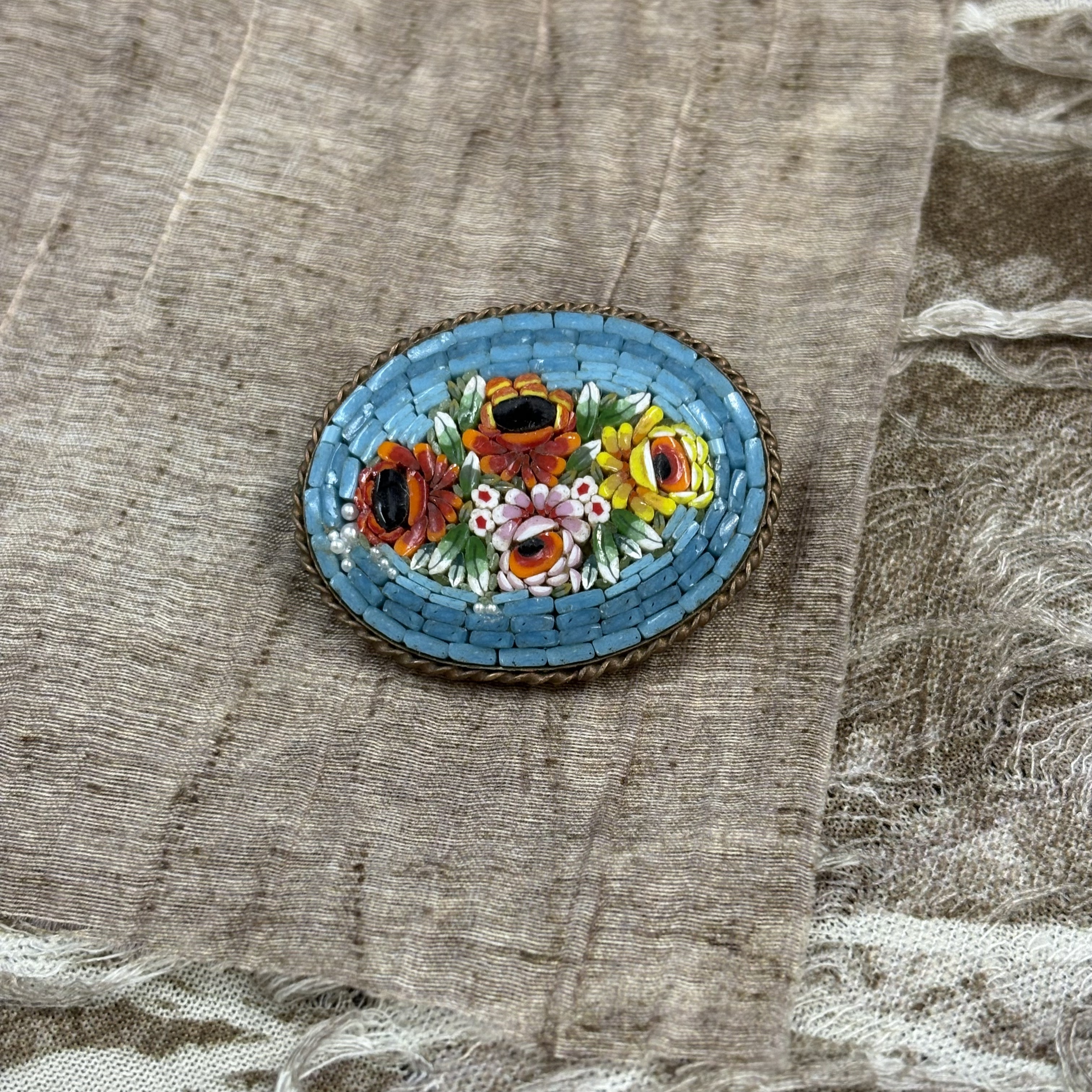 中古默认微瑕不退换 马赛克花朵铜胸针 意大利