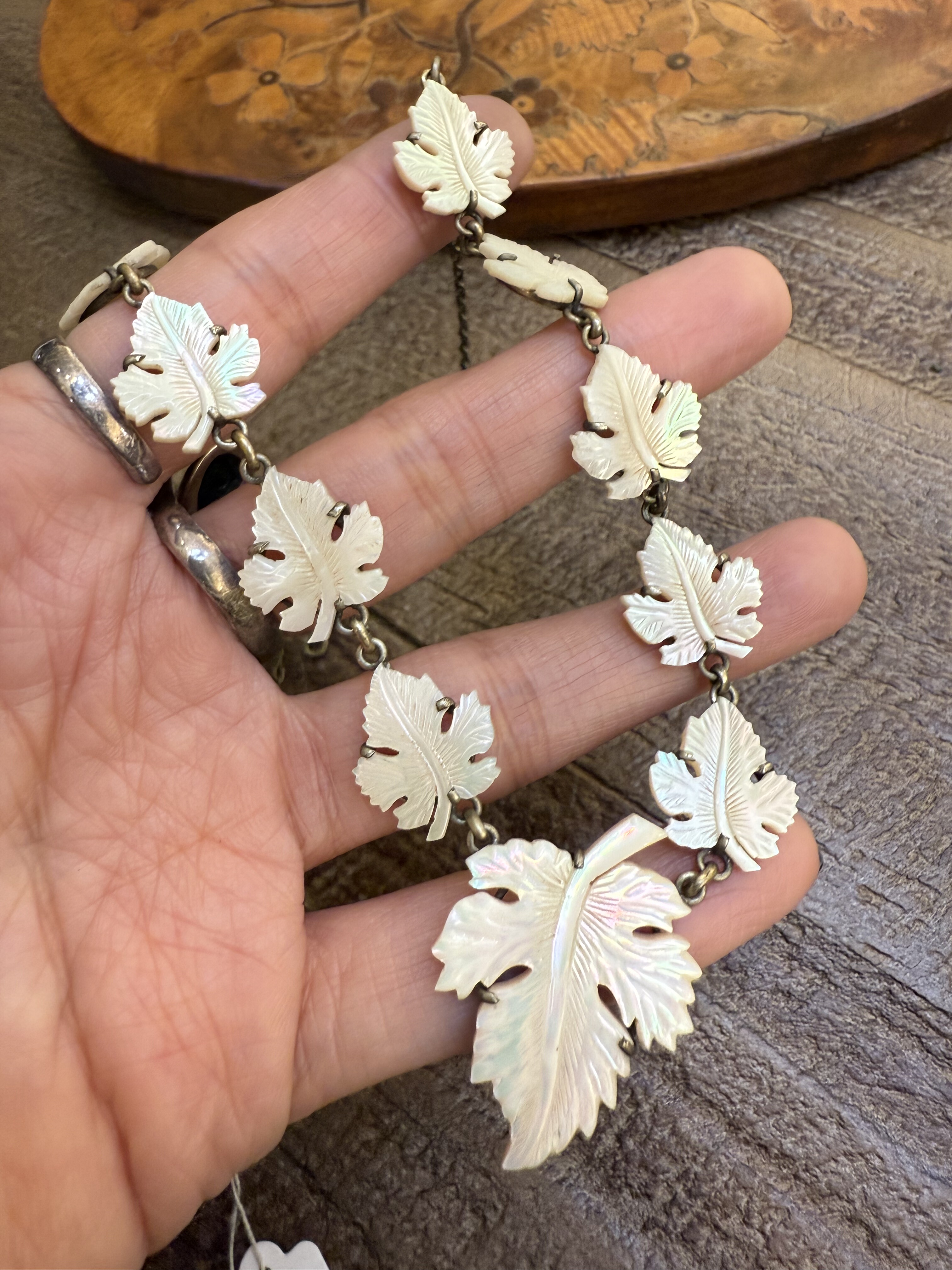 中古默认微瑕不退不换  古董罕见极光贝母项链 银项链 意大利