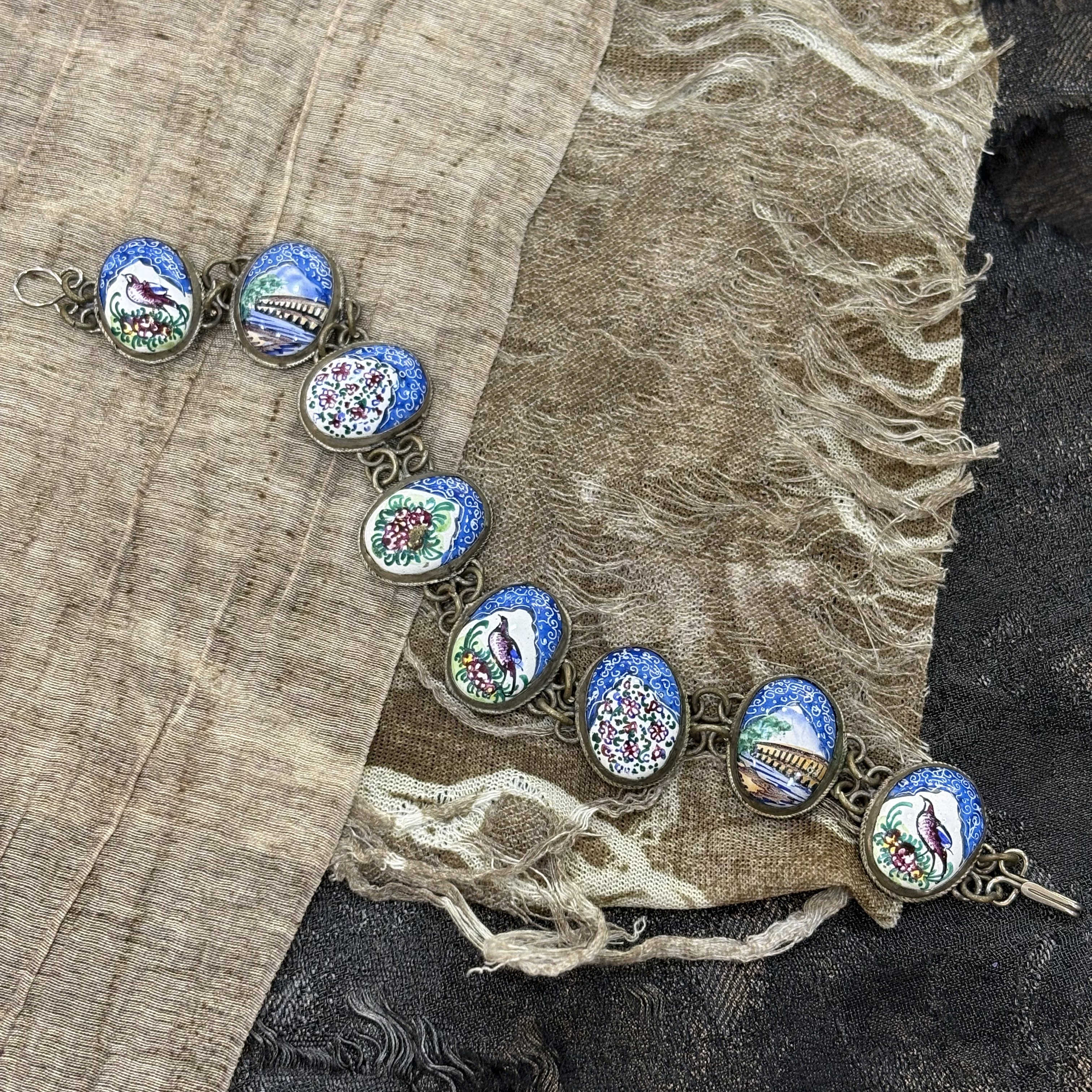 中古默认微瑕不退换 古董手绘珐琅手链 非银 意大利