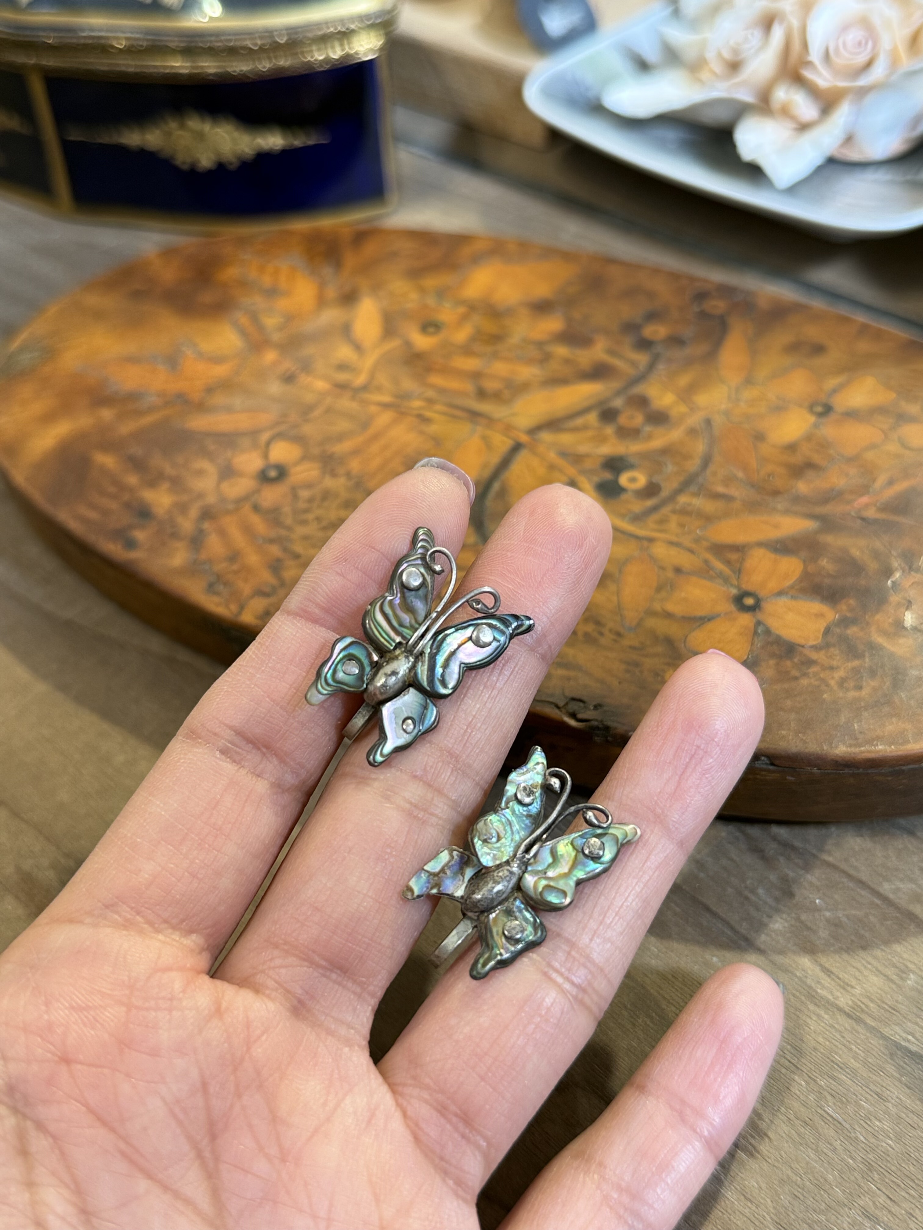 中古默认微瑕不退不换  墨西哥老鲍贝银蝴蝶耳夹