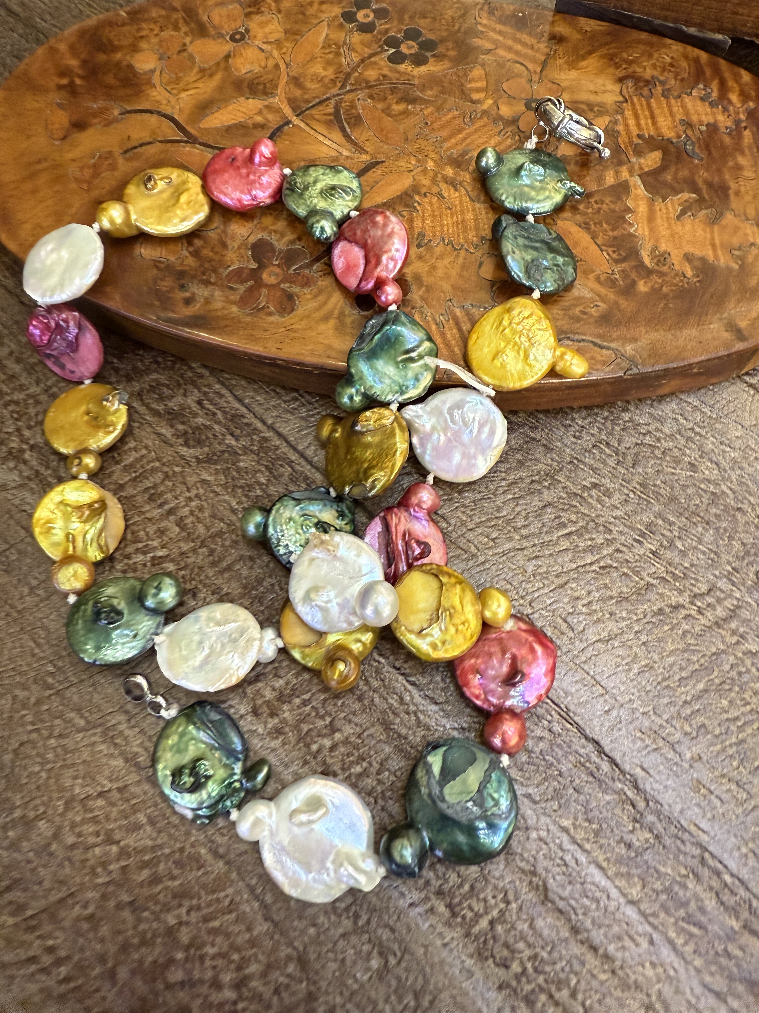 中古默认微瑕不退不换 天然彩色巴洛克珍珠长项链 意大利