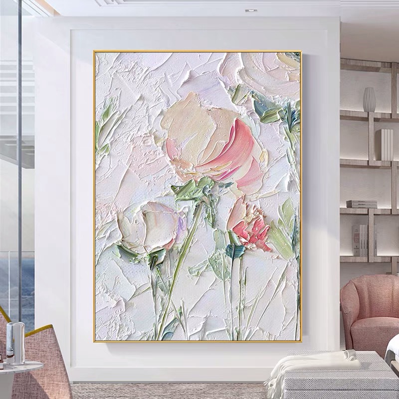 手绘油画牡丹花伴大幅客厅玄关装饰画现代简约厚肌理立体抽象挂画图片