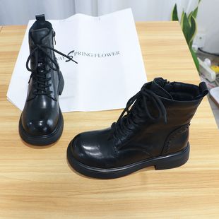 诗路花语短靴女2025冬学院系带真皮加绒马丁靴欧版 898 休闲靴580