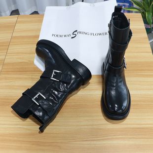 诗路花语短靴2025冬真皮英伦皮带扣加绒骑士靴中筒机车靴580 811