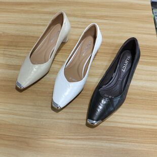 单鞋 6002 2026春真皮浅口尖头中跟金属头通勤时装 诗路花语女鞋