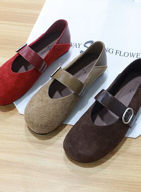 诗路花语女鞋2025秋反绒皮玛丽珍鞋平底一字带扣浅口单鞋551-1267