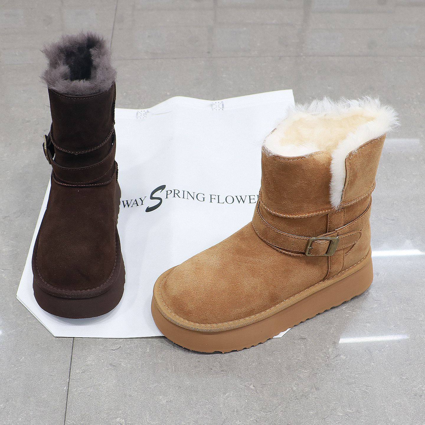 诗路花语雪地靴女2025冬真皮轻便保暖厚底皮带扣长毛棉靴600-952,女鞋,时尚雪地靴,淘宝优惠券,粉丝福利购,淘宝优惠卷