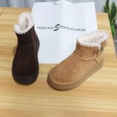 诗路花语雪地靴女2025冬真皮加绒加厚短靴保暖厚底棉靴子600 951