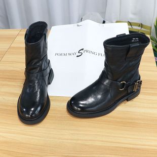 诗路花语短靴2025冬真皮软底皮带扣机车靴中筒西边马丁靴580 696