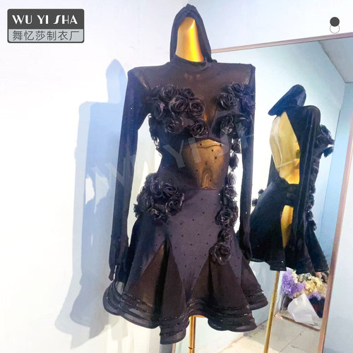 舞忆莎新款拉丁舞演出服成人女儿童舞蹈服满钻黑色比赛服2330B款