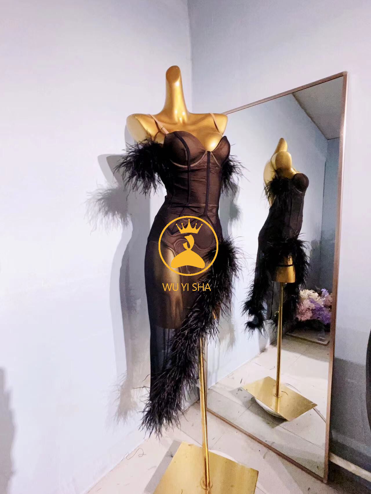 舞忆莎定制拉丁舞服专业艺考比赛服新款黑色舞蹈服鸵鸟毛无钻2613