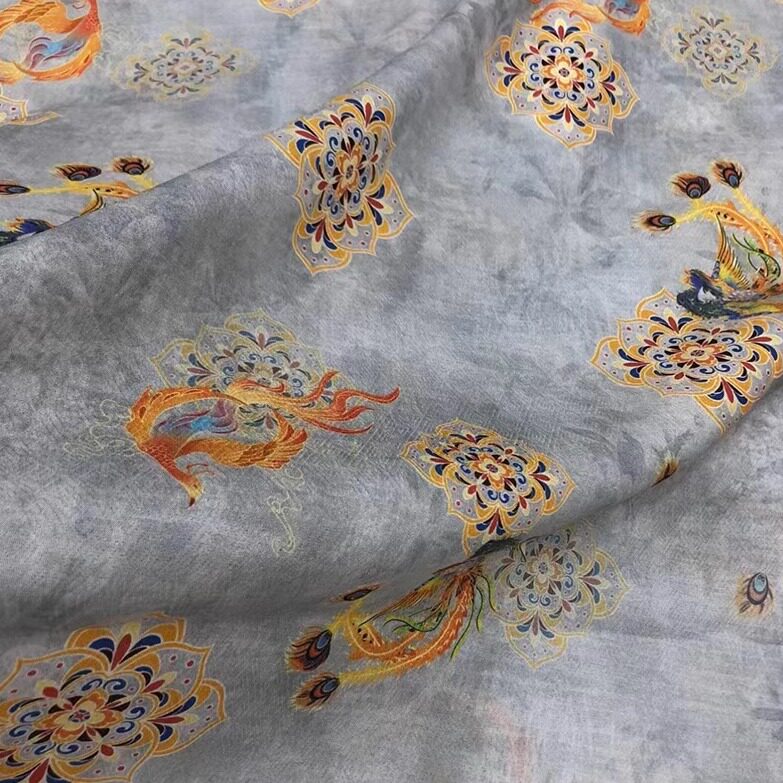 凤求凰宝相花花罗面料苏罗真丝桑蚕丝印染布料传统汉服丝绸面料