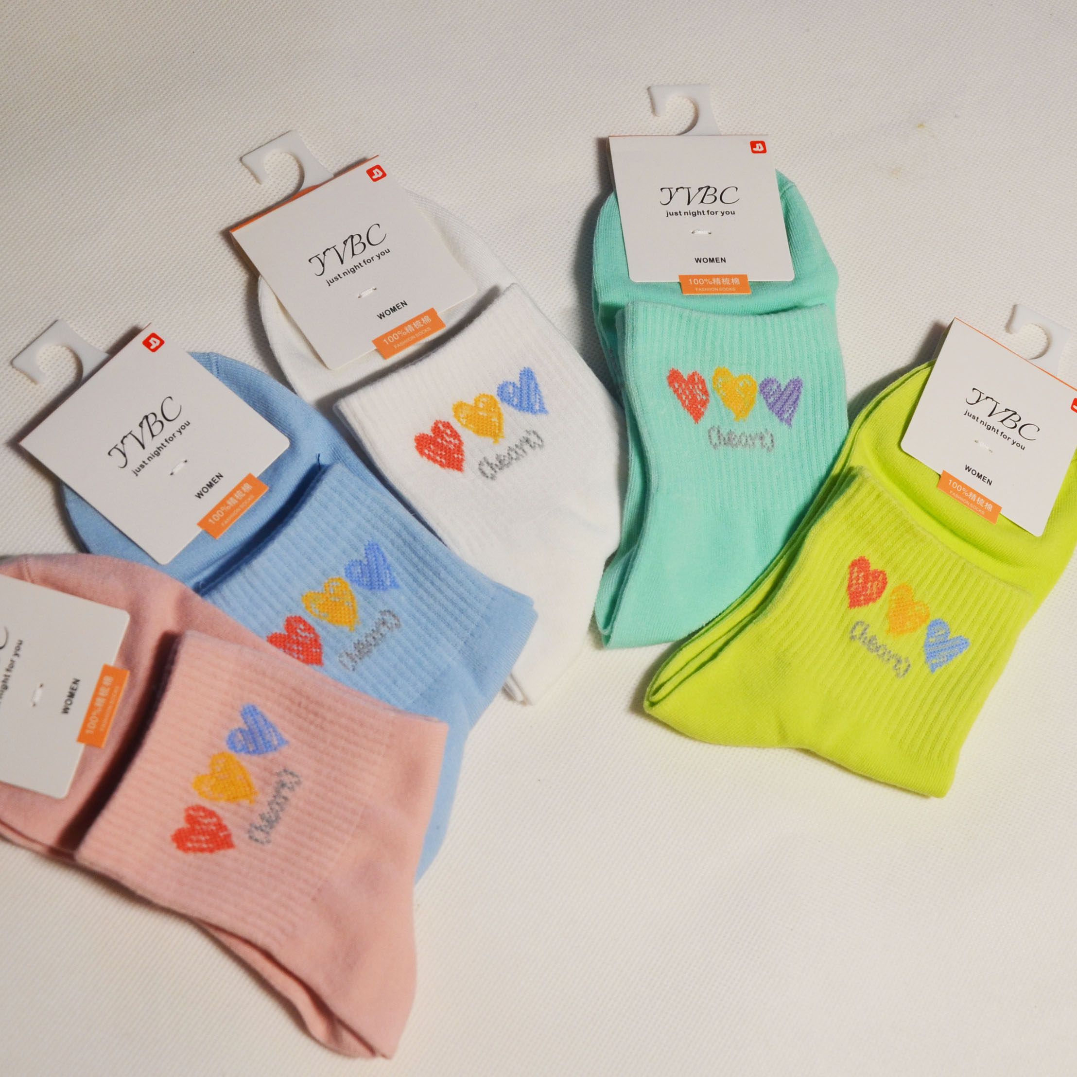 春秋冬天季源佰川女士人精梳棉中筒运动透气三爱心袜子筒长约11cm