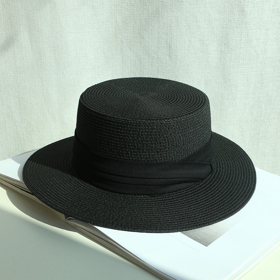 黑色法式平顶草帽女夏平檐礼帽遮阳逛街度假旅行太阳帽男大头围帽