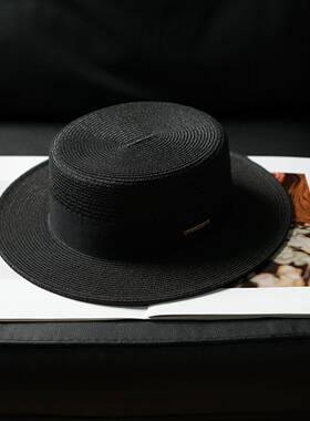 黑色法式平顶草帽女平沿夏季遮阳太阳帽男绅士帽旅游度假防晒凉帽