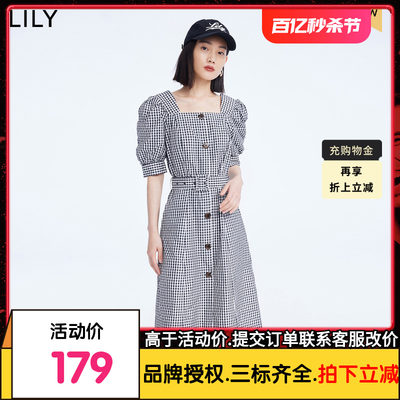 【商场同款】LILY2022秋新款女装复古格纹法式方领高腰短袖连衣裙